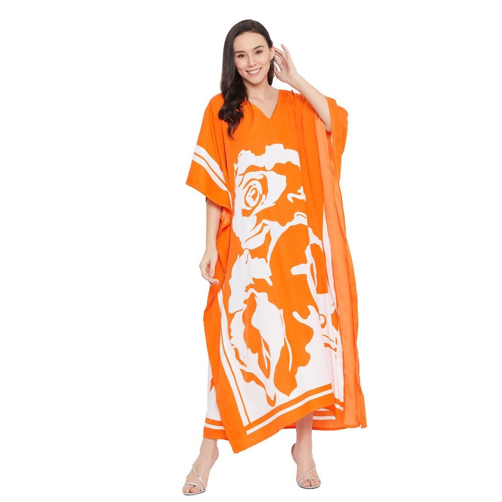 Floral Print Orange Polyester Kaftan Maxi Dress for Women by Gypsie Blu - Picture 2 of 8